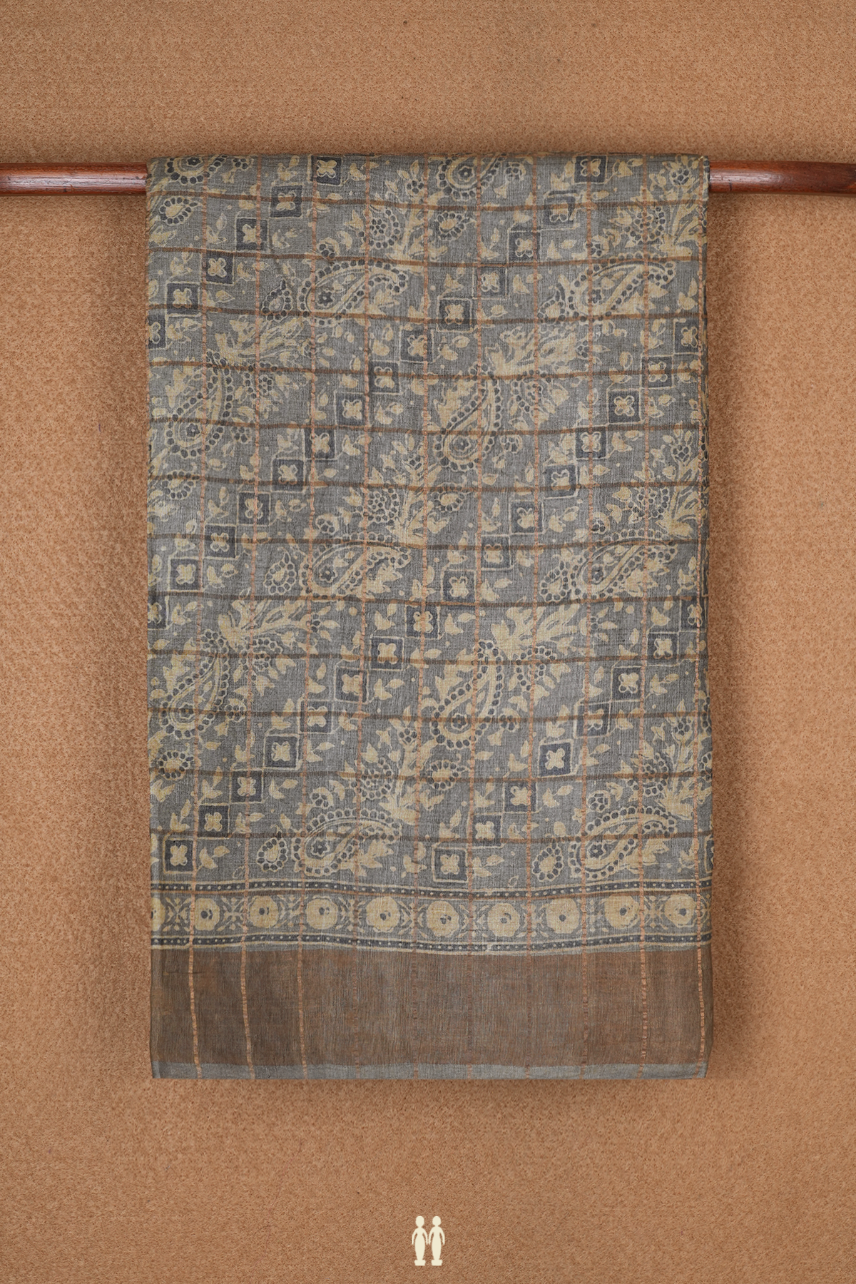 Ajrakh Printed Taupe Grey Tussar Silk Saree