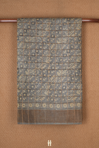 Ajrakh Printed Taupe Grey Tussar Silk Saree