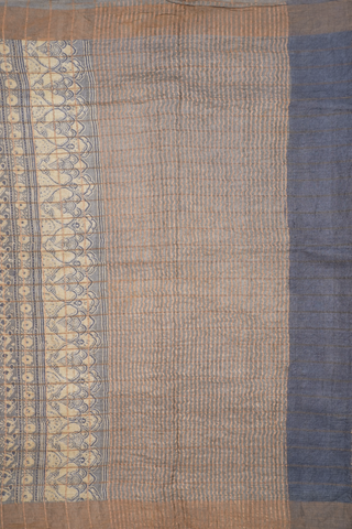 Ajrakh Printed Taupe Grey Tussar Silk Saree