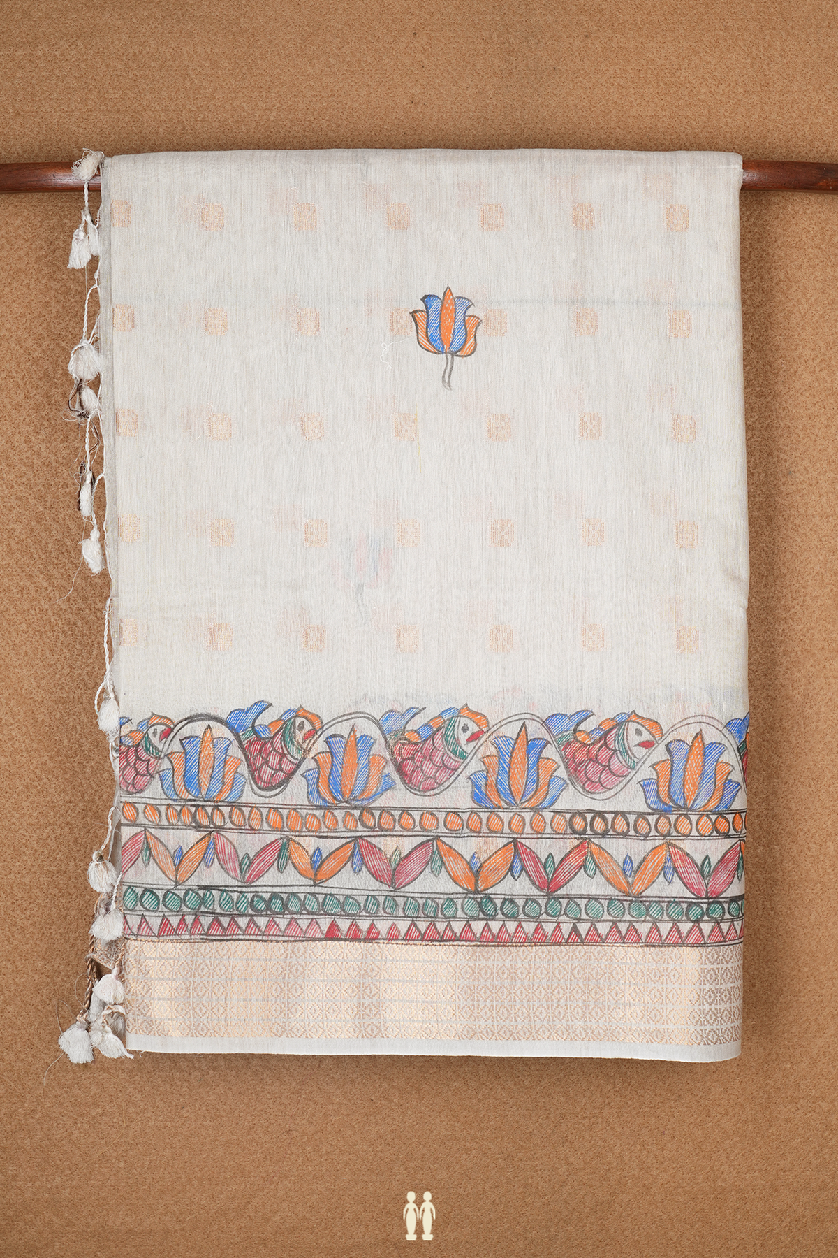 Allover Buttas Beige Tussar Madhubani Silk Saree