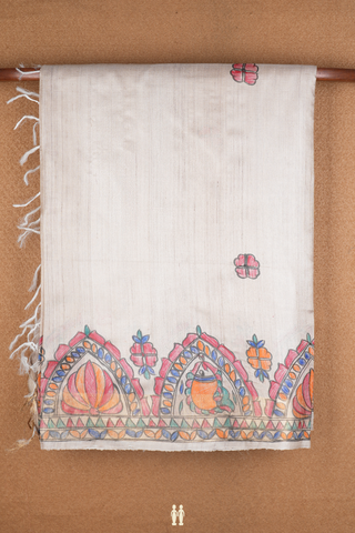 Allover Buttas Beige Tussar Madhubani Silk Saree