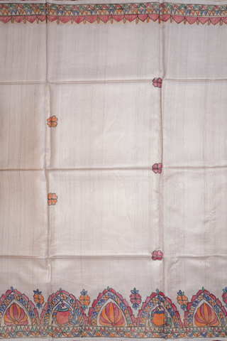 Allover Buttas Beige Tussar Madhubani Silk Saree