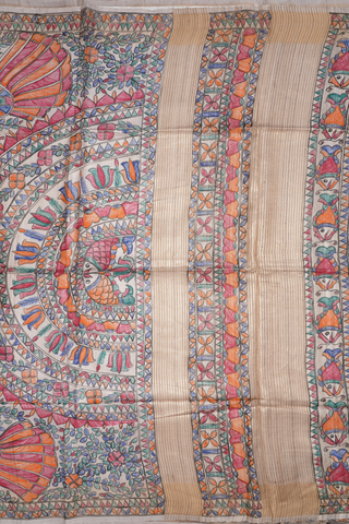 Allover Buttas Beige Tussar Madhubani Silk Saree