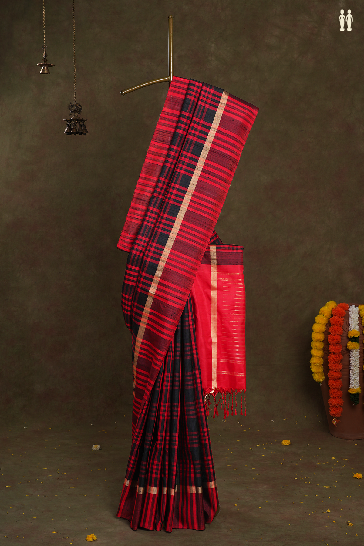 Allover Checked Design Black Raw Silk Saree