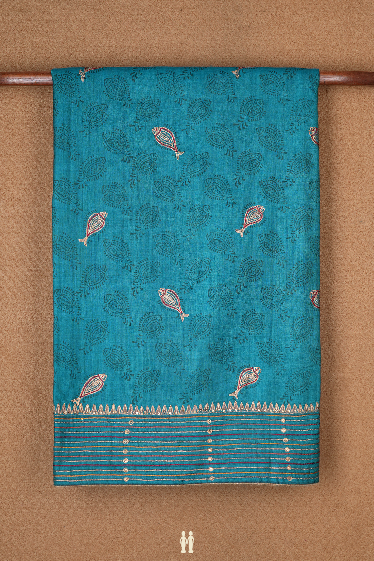 Allover Fish Printed Teal Blue Tussar Silk Saree