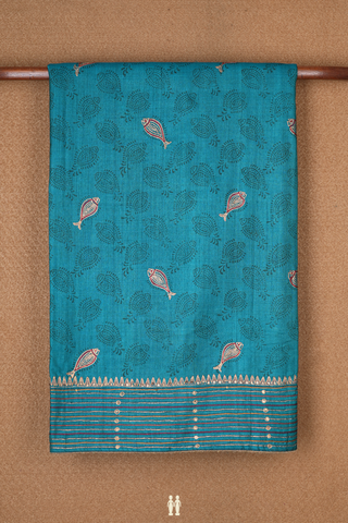 Allover Fish Printed Teal Blue Tussar Silk Saree