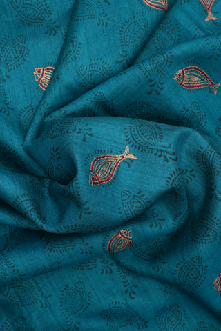 Allover Fish Printed Teal Blue Tussar Silk Saree