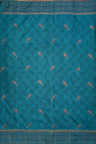 Allover Fish Printed Teal Blue Tussar Silk Saree