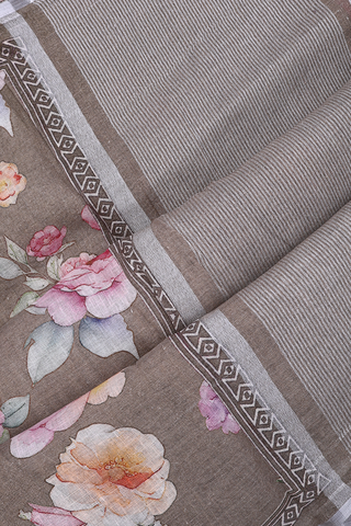 Allover Floral Design Brown Linen Saree