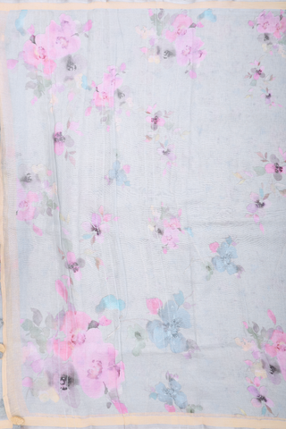 Linen Saree In Pastel Blue With Floral Printed Design