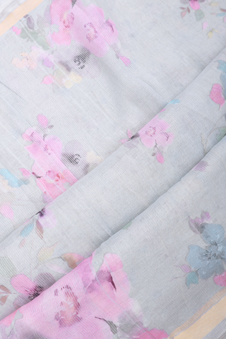 Linen Saree In Pastel Blue With Floral Printed Design