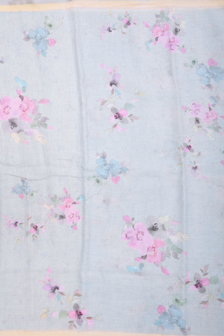 Linen Saree In Pastel Blue With Floral Printed Design