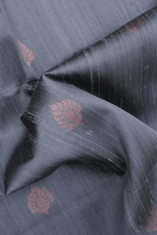 Raw Silk Saree In Dark Grey With Zari Buttas