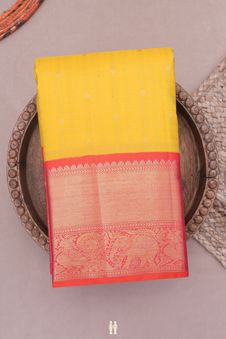 Kanchipuram Silk Saree In Royal Yellow Checks With Buttas