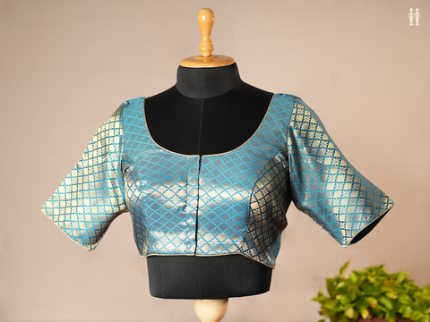 Brocade Design Sea Blue Semi Banaras Readymade Padded Blouse