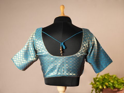 Brocade Design Sea Blue Semi Banaras Readymade Padded Blouse