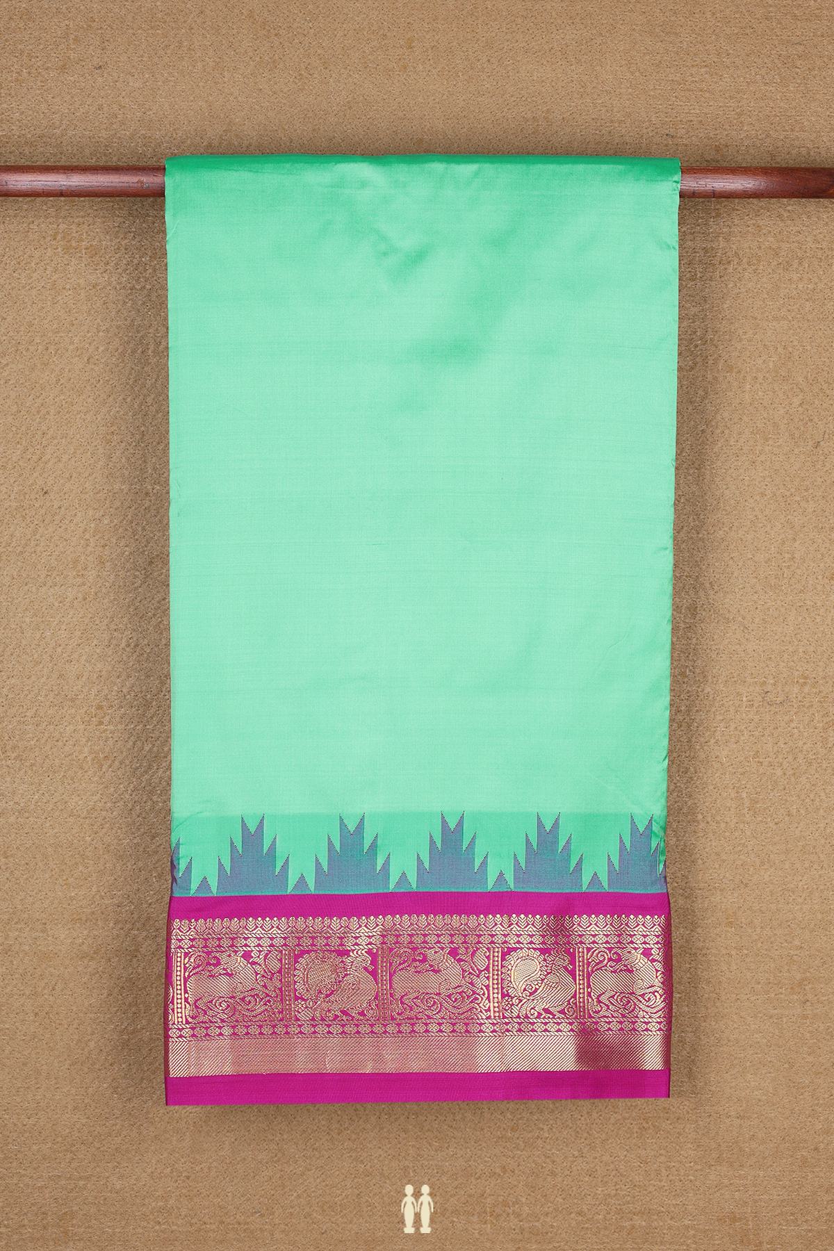 Nine Yards Silk Saree In Plain Sea Green With Temple Border