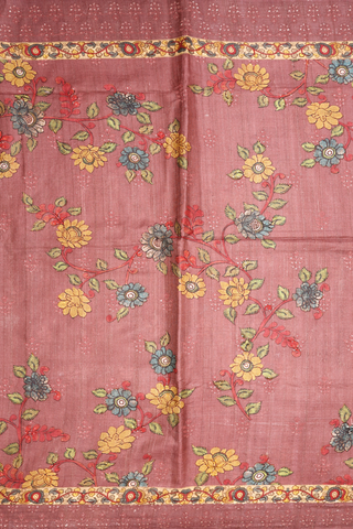 Allover Floral Printed Dusty Rose Pink Tussar Silk Saree