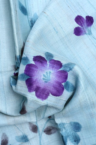 Floral Digital Printed Cream Blue Tussar Silk Saree