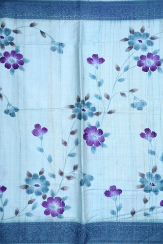 Floral Digital Printed Cream Blue Tussar Silk Saree