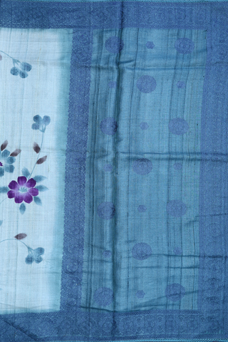 Floral Digital Printed Cream Blue Tussar Silk Saree