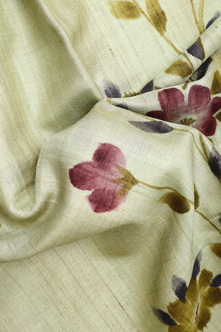 Floral Digital Printed Cream Green Tussar Silk Saree