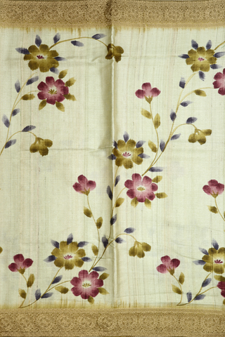 Floral Digital Printed Cream Green Tussar Silk Saree