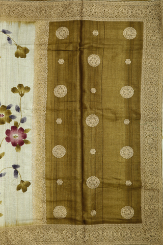 Floral Digital Printed Cream Green Tussar Silk Saree