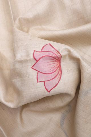 Lotus Hand Painted Off White Tussar Silk Saree