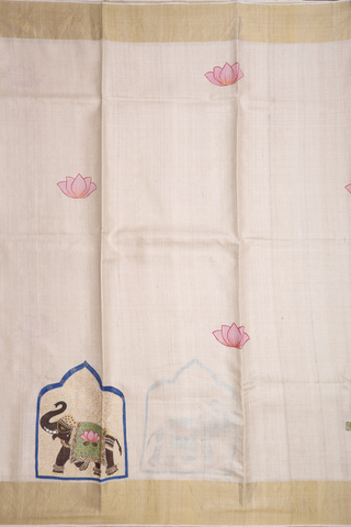 Lotus Hand Painted Off White Tussar Silk Saree