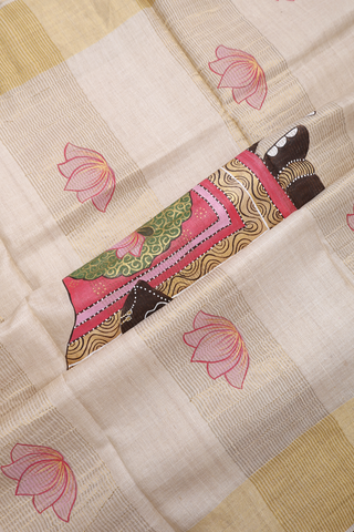 Lotus Hand Painted Off White Tussar Silk Saree