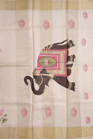 Lotus Hand Painted Off White Tussar Silk Saree