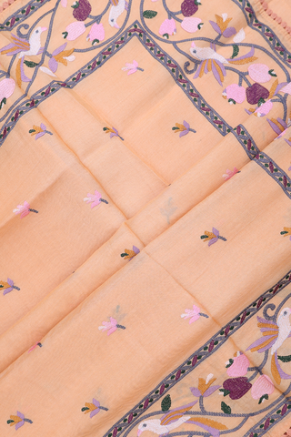 Tussar Silk Saree In Pastel Orange With Embroidered Motifs