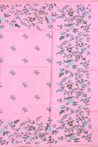 Tussar Silk Saree In Pink With Floral Embroidered Motifs