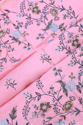 Tussar Silk Saree In Pink With Floral Embroidered Motifs