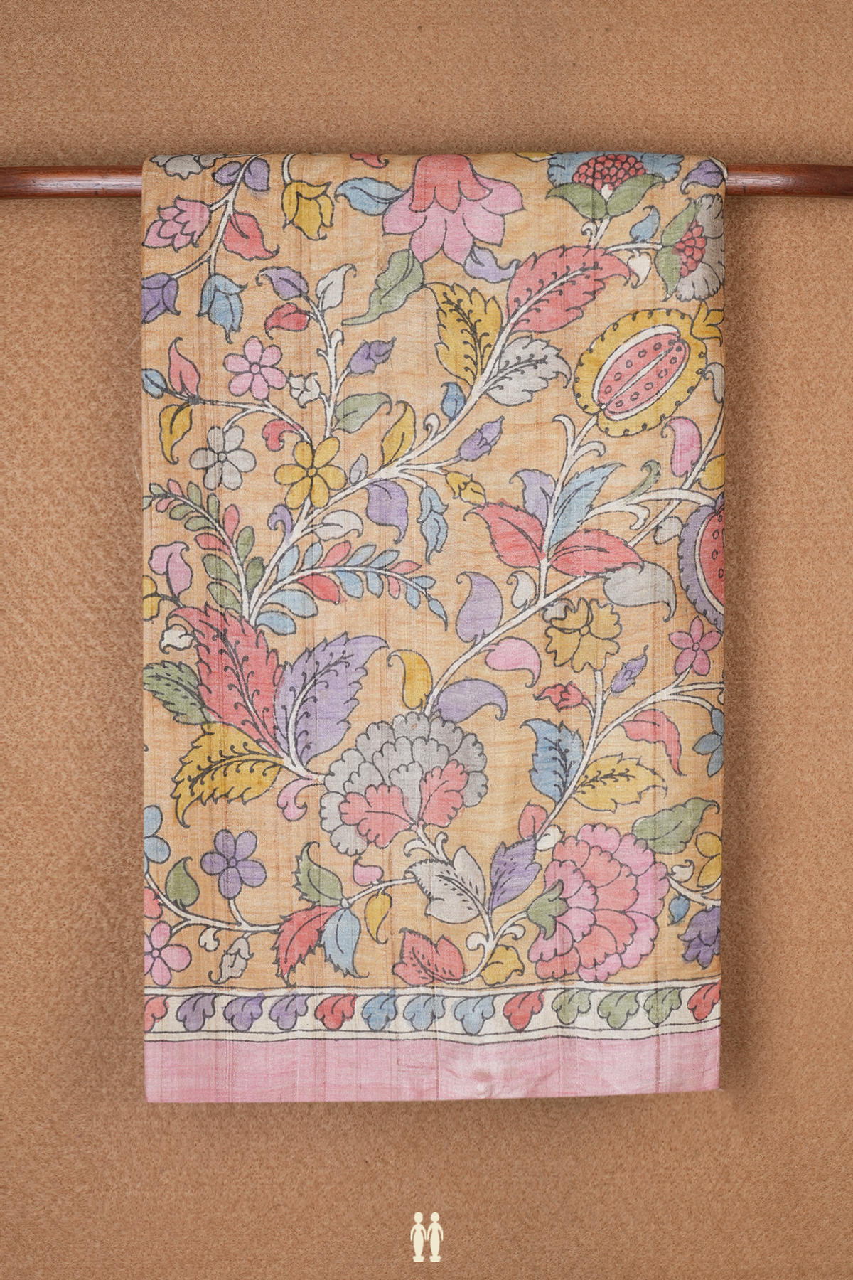 Floral Hand Painted Golden Yellow Kalamkari Tussar Silk Saree