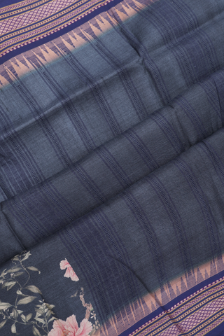 Tussar Silk Saree In Space Blue With Floral Digital Printed