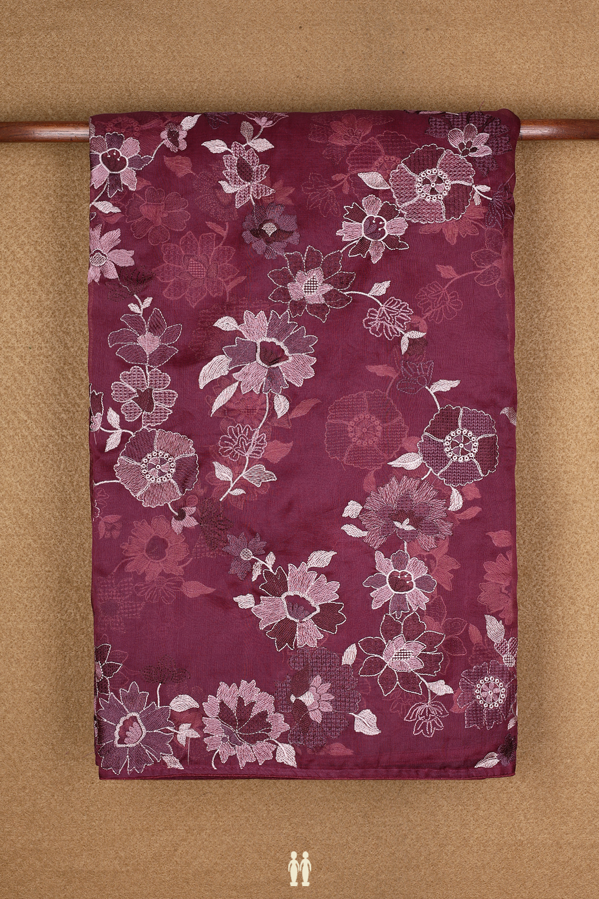 Organza Silk Saree In Purple With Floral Threadwork Design