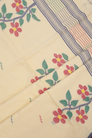 Threadwork Buttis Pale Yellow Bengal Cotton Saree