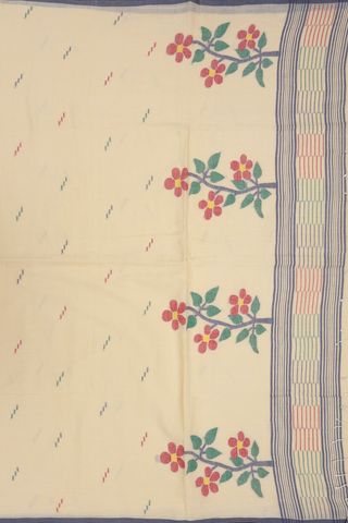 Threadwork Buttis Pale Yellow Bengal Cotton Saree