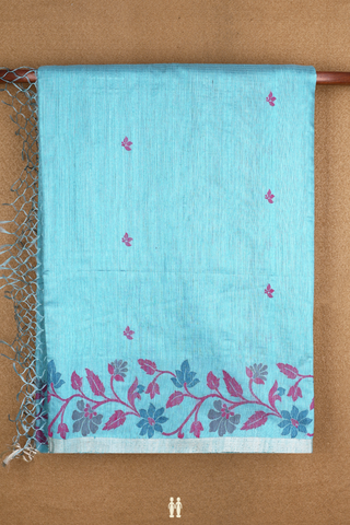 Floral Threadwork Buttas Soft Blue Linen Bengal Cotton Saree