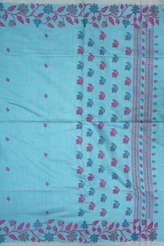 Floral Threadwork Buttas Soft Blue Linen Bengal Cotton Saree