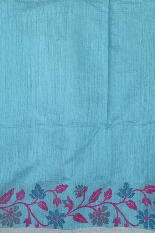 Floral Threadwork Buttas Soft Blue Linen Bengal Cotton Saree