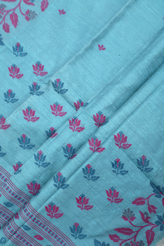 Floral Threadwork Buttas Soft Blue Linen Bengal Cotton Saree