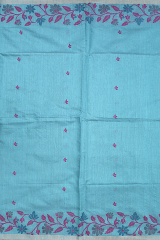 Floral Threadwork Buttas Soft Blue Linen Bengal Cotton Saree