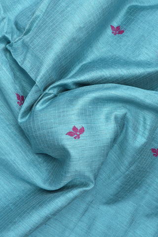 Floral Threadwork Buttas Soft Blue Linen Bengal Cotton Saree