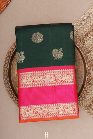 Peacock Chakram Motifs Dark Green Kanchipuram Silk Saree