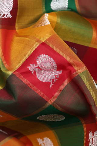 Peacock And Chakram Motifs Multicolor Kanchipuram Silk Saree