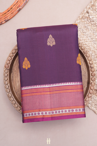 Kanchipuram Silk Saree In Deep Purple With Threadwork Motifs