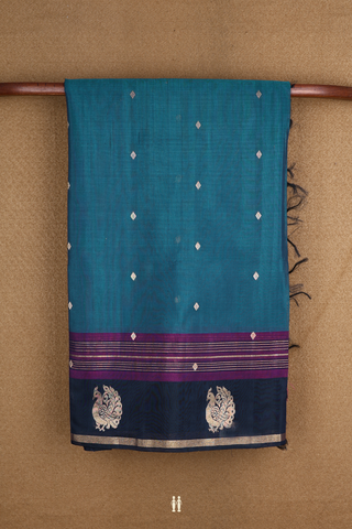 Diamond Zari Buttis Teal Blue Kora Silk Cotton Saree